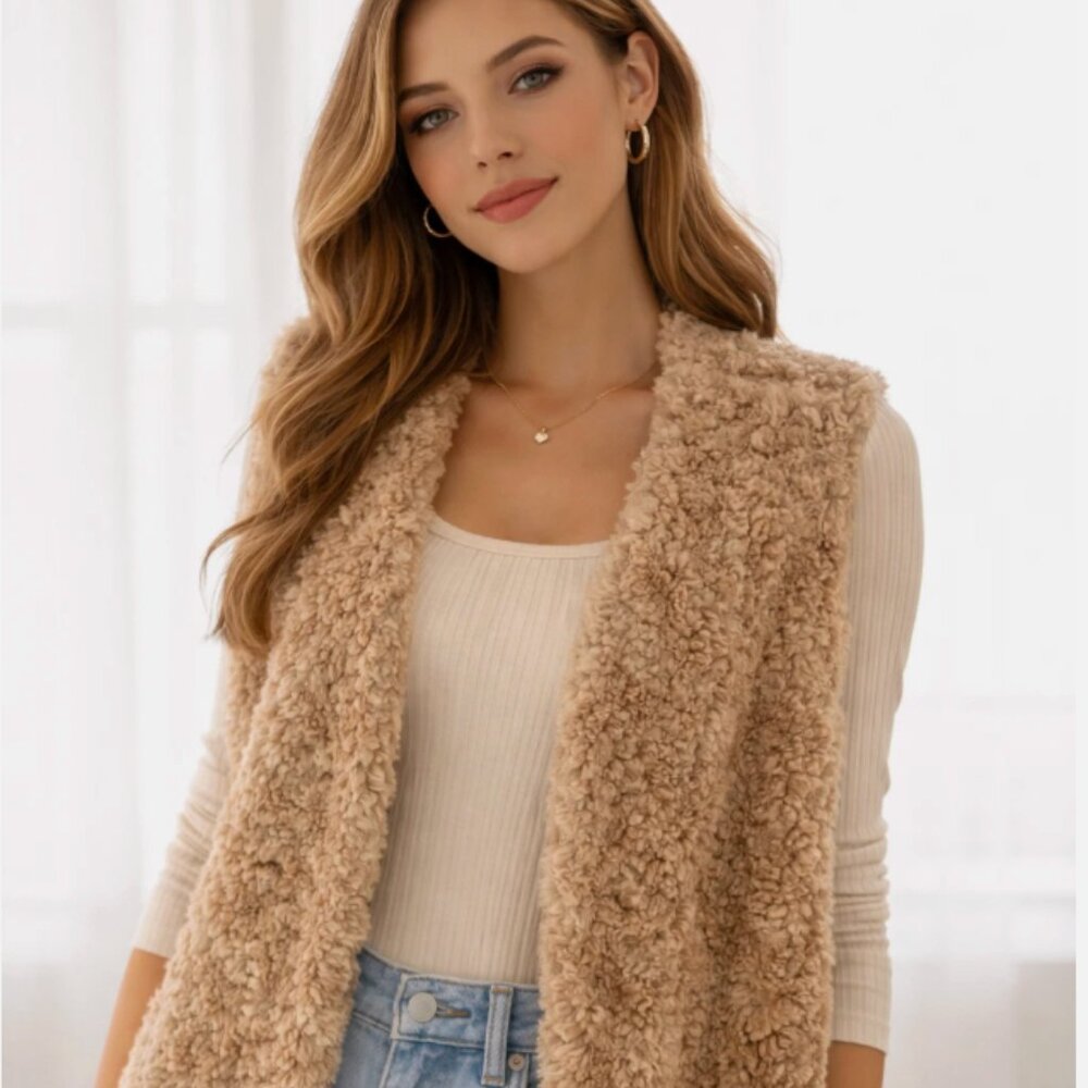 Mystree Brand Sherpa Faux-Shearling Vest Women's Large- Tan- Leopard Lining